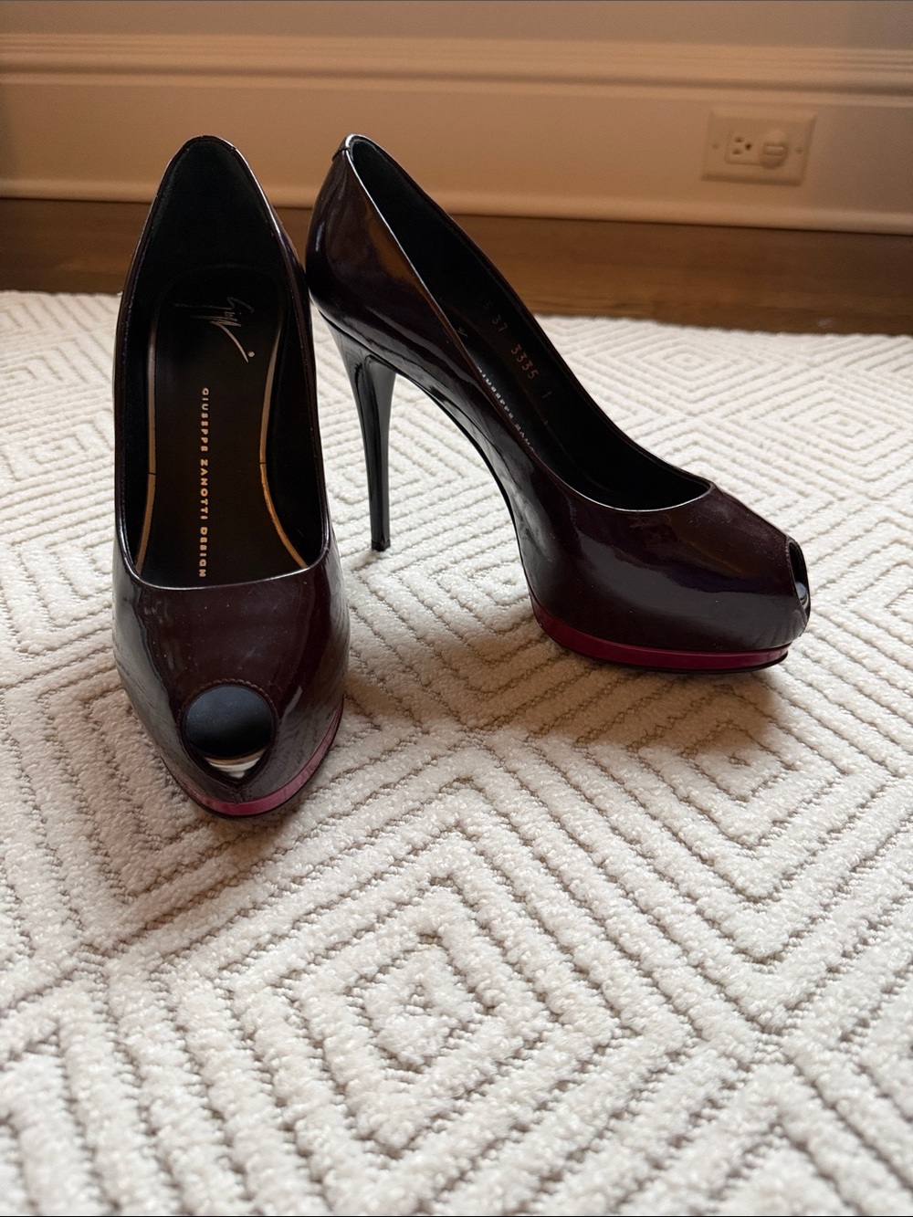Giuseppe Zanotti Patent Peep-Toe Heels in Burgundy with Pink Platform